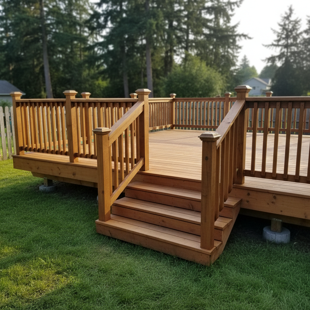 A wide, slightly elevated photographic view of a newly built backyard deck in Pierce County, constructed from rich, pressure-treated lumber with a warm stain that accentuates the natural wood grain. The deck features solid, square posts, cleanly spaced balusters, and sturdy stairs leading down to a modest, well-kept lawn. Late afternoon golden light washes across the boards, creating long, soft shadows between planks and a welcoming glow on the railing. The background includes a softly blurred neighboring fence line and evergreen trees, hinting at a Pacific Northwest setting. The mood is inviting yet robust, emphasizing outdoor living and dependable construction quality, perfect for a deck services project description page.