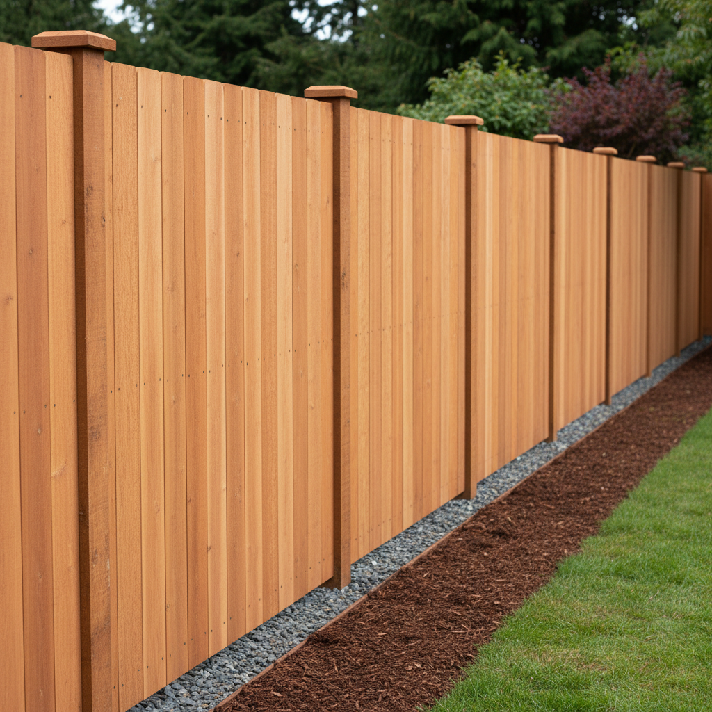 A straight-on photographic shot of a newly installed cedar privacy fence running the length of a suburban backyard in King County. The fence boards are tightly aligned, with consistent height and smooth, sanded surfaces, supported by heavy-duty posts set in gravel at the base. Overcast Northwest daylight provides soft, shadowless lighting that reveals the warm, natural tone of the cedar and the precise spacing of fasteners. In the foreground, a tidy strip of soil and fresh mulch follows the fence line, while the background fades into a gentle blur of lawn and shrubs. The mood is secure and reliable, emphasizing strength, privacy, and craftsmanship for a fencing services section.