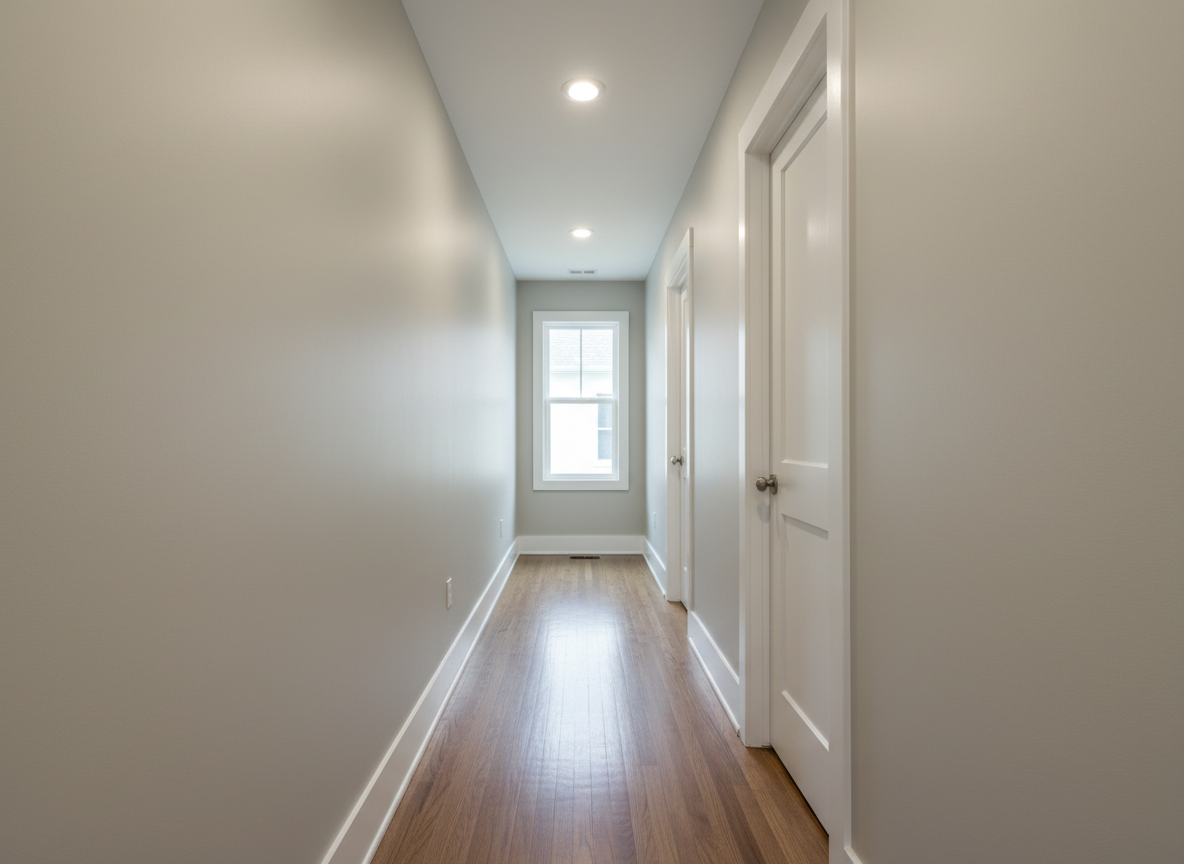 An eye-level interior photographic scene of a freshly painted hallway in a modern home, showcasing ultra-smooth, eggshell-finish walls in a calm, warm gray contrasted by crisp, bright white trim and doors. The long hallway recedes into the distance, with baseboards and door casings forming precise parallel lines. Soft, diffused ceiling lighting combined with faint daylight from a distant window creates even illumination, revealing flawless coverage and no roller marks. The mood is clean, professional, and orderly. The composition employs one-point perspective, with sharp focus from foreground to background, emphasizing straight lines, perfect cut-ins at edges, and a modern, minimalist aesthetic suited for a painting services page.
