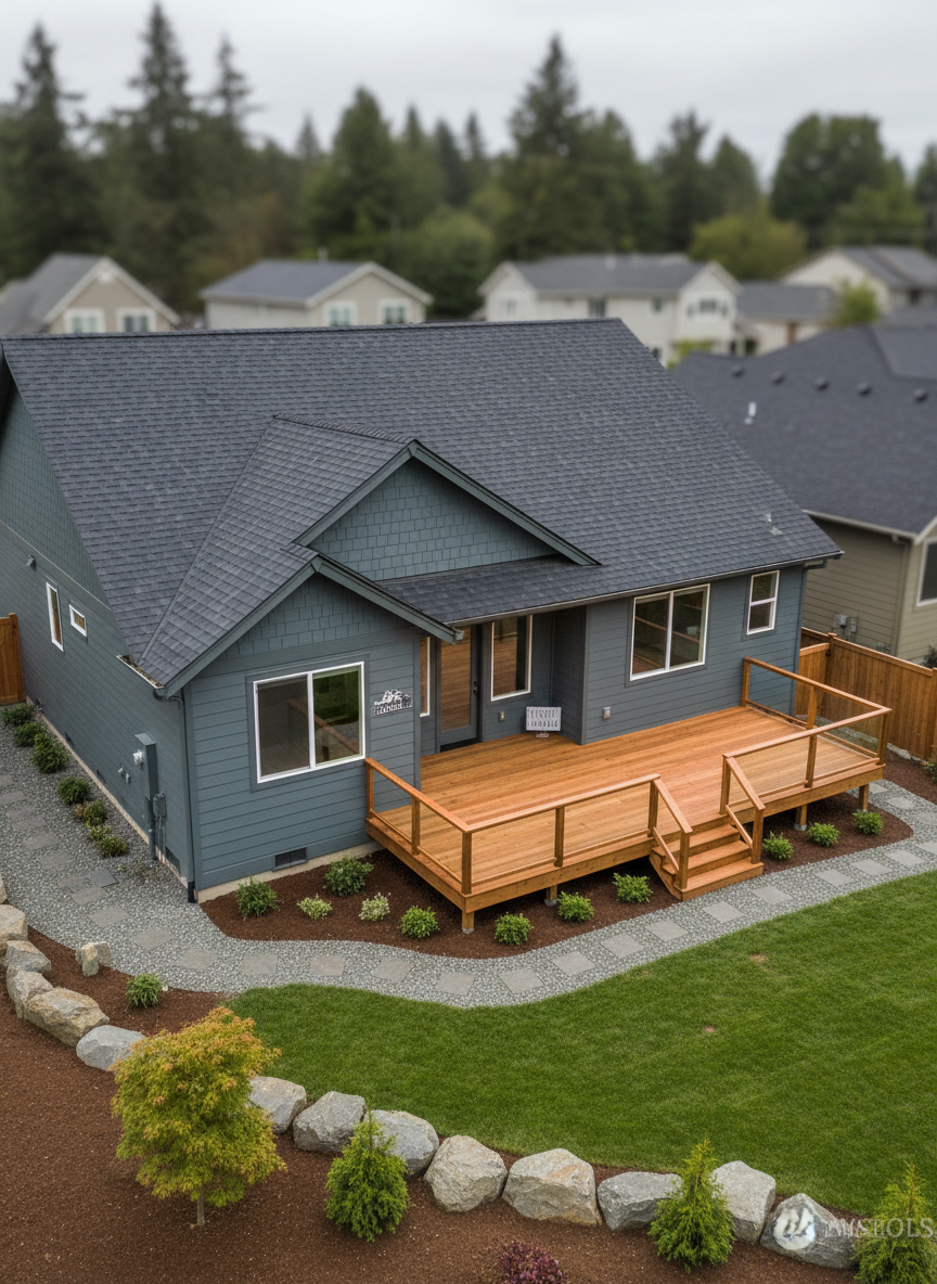 A wide, eye-level photographic shot of a freshly completed single-family home exterior in King or Pierce County, featuring crisp new roofing, flawless siding, and a sturdy wooden deck. The house sits on a neatly graded lot with clean gravel paths and trimmed lawn, showcasing solid craftsmanship. Overcast Pacific Northwest daylight creates soft, even lighting with gentle shadows under eaves and deck steps, emphasizing texture in shingles and wood grain. The composition follows the rule of thirds, with the home slightly off-center and a shallow bokeh hinting at neighboring houses. The mood is professional, dependable, and “built like Dawgs” tough, conveying durability and pride in workmanship with realistic, modern photographic detail.