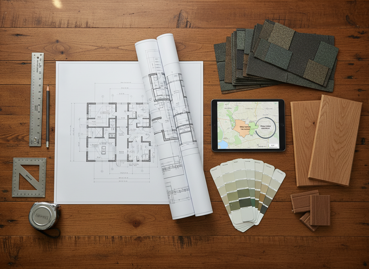 A bird’s-eye, photographic view of a detailed home project planning scene spread across a sturdy wooden tabletop. Printed floor plans, a tablet showing a simple service area map of King and Pierce Counties, and a small array of material samples—roof shingles, flooring planks, paint swatches, and deck boards—are carefully arranged. A metal tape measure, carpentry pencil, and square sit neatly beside the plans. Soft window light from the left creates gentle highlights on the paper and subtle shadows along the tool edges. The mood is organized and consultative, suggesting a thorough project intake process. Composition uses asymmetrical balance with sharp focus, embodying professional, multi-trade contracting services preparing for customized client projects.