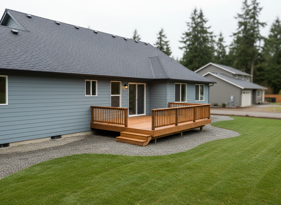A wide, eye-level photographic shot of a freshly completed single-family home exterior in King or Pierce County, featuring crisp new roofing, flawless siding, and a sturdy wooden deck. The house sits on a neatly graded lot with clean gravel paths and trimmed lawn, showcasing solid craftsmanship. Overcast Pacific Northwest daylight creates soft, even lighting with gentle shadows under eaves and deck steps, emphasizing texture in shingles and wood grain. The composition follows the rule of thirds, with the home slightly off-center and a shallow bokeh hinting at neighboring houses. The mood is professional, dependable, and “built like Dawgs” tough, conveying durability and pride in workmanship with realistic, modern photographic detail.