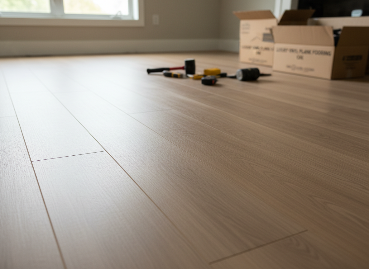 A close, slightly elevated photographic view of a living room floor mid-renovation, featuring a precise installation of wide-plank luxury vinyl flooring in a warm, natural oak tone. The front of the frame shows perfectly aligned planks with tight seams, while the background fades into a soft blur of organized tools and neatly stacked unopened boxes. Diffused daylight from a nearby window washes across the surface, highlighting subtle wood grain and matte finish, casting gentle, directional shadows. The mood is meticulous and professional, emphasizing clean lines and attention to detail. The composition uses leading lines from the planks to draw the eye across the room, with a modern, realistic aesthetic suitable for a flooring service project description page.
