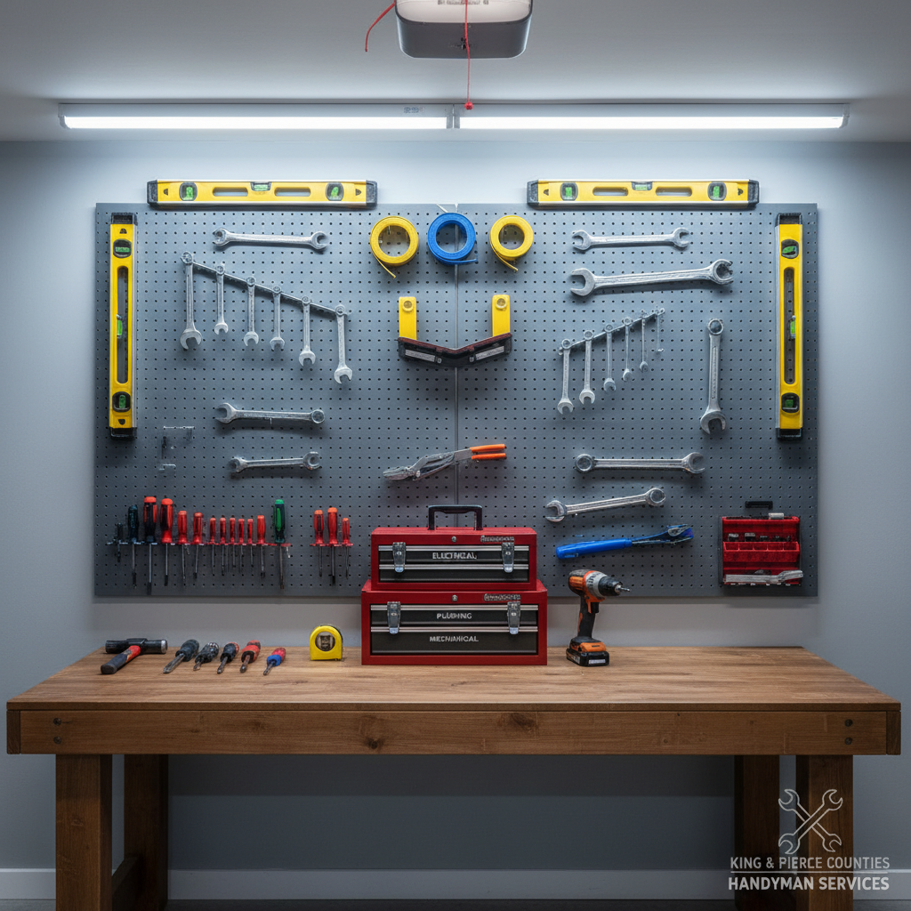 A clean, organized garage workshop scene photographed at eye level, highlighting handyman tools arranged with professional care. A solid wooden workbench holds a compact stack of neatly labeled toolboxes, a cordless drill, and a precisely lined row of hand tools, all in excellent condition. Pegboard on the wall behind displays a symmetrical arrangement of wrenches, levels, and measuring tapes, suggesting readiness for any small project. Cool, even LED lighting overhead casts minimal shadows, creating a bright, functional atmosphere. The mood is efficient, trustworthy, and capable. The composition uses a centered, symmetrical layout with sharp focus across the frame, conveying a professional handyman service ready to tackle diverse tasks across King and Pierce Counties.