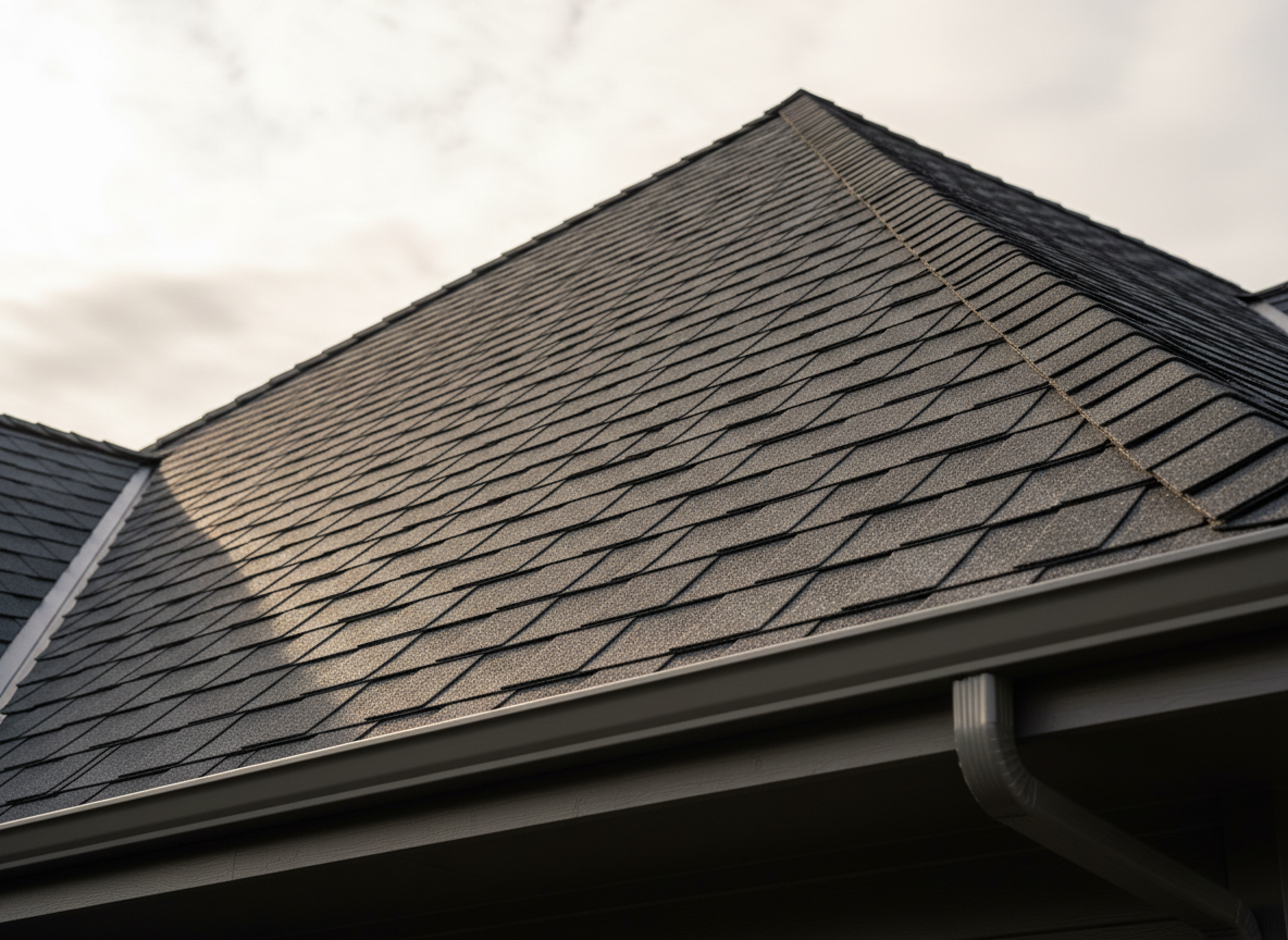A dramatic, low-angle photographic shot of a steep residential roof in King or Pierce County, newly covered with dark charcoal architectural shingles. The camera looks up along the crisp roofline toward a pale, slightly cloudy Northwest sky, emphasizing the sharp edges and even pattern of the shingles. Late afternoon natural light skims across the surface, creating subtle highlights on the shingle texture and strong, confident shadows in the overlaps. Sturdy metal flashing, clean gutters, and a solid ridge cap are all visible, reinforcing durability. The mood is rugged and reliable, conveying “built like Dawgs” strength. The composition is bold and dynamic, with strong diagonal lines and sharp focus throughout, ideal for a roofing services hero image.